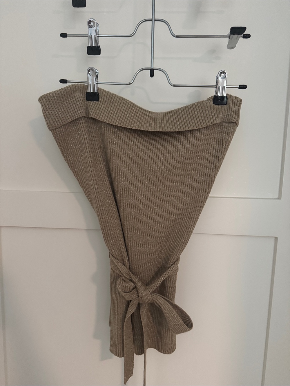 Strapless Ribbed Knit top with Waist Tie in Taupe
